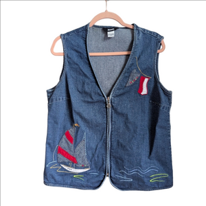VINTAGE Light Wash Nautical Retro Whimsical Cotton Embroidered Vest Size 12